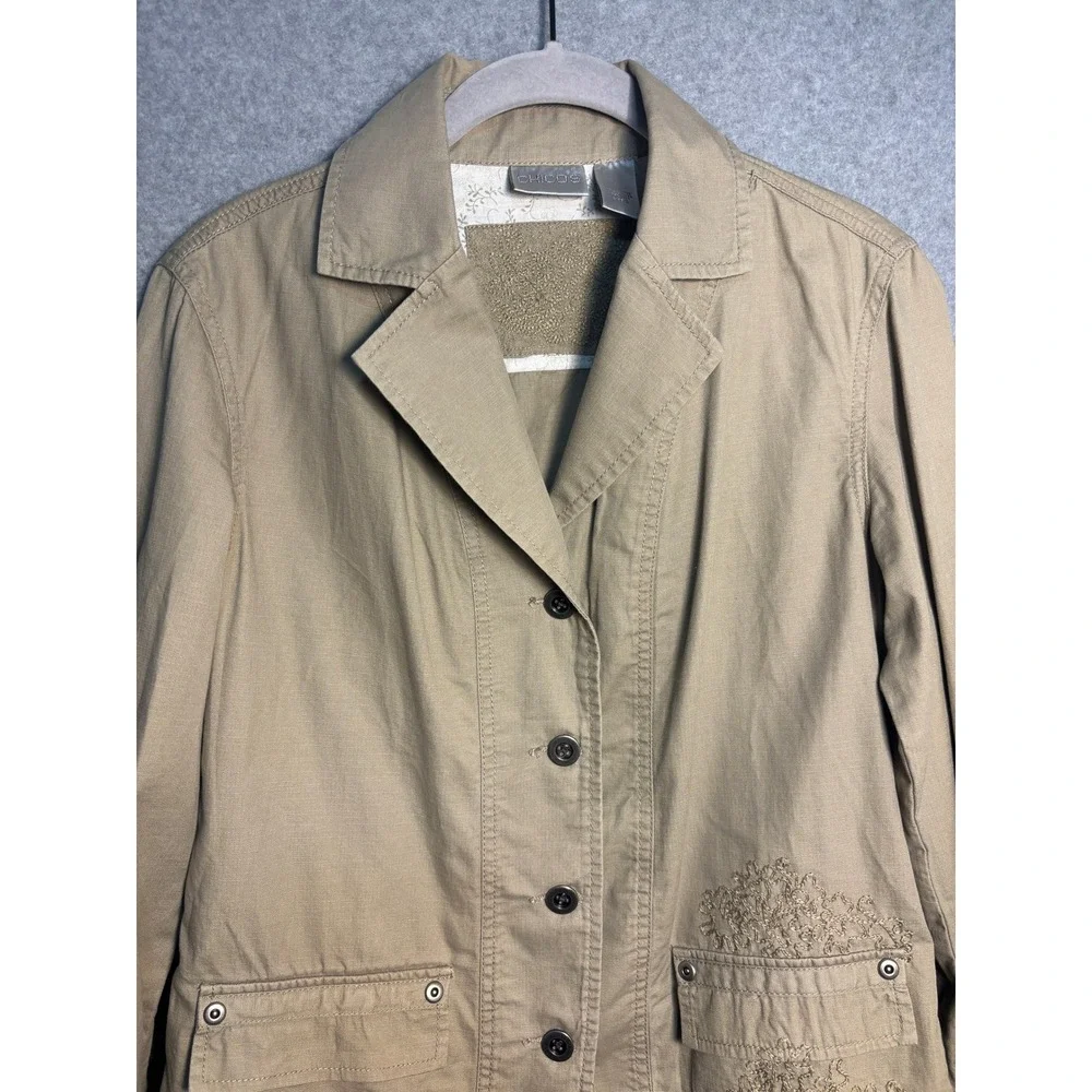 Chico's Embroidered Utility Jacket Beige Cotton Blazer Coat‎ Size 0 S